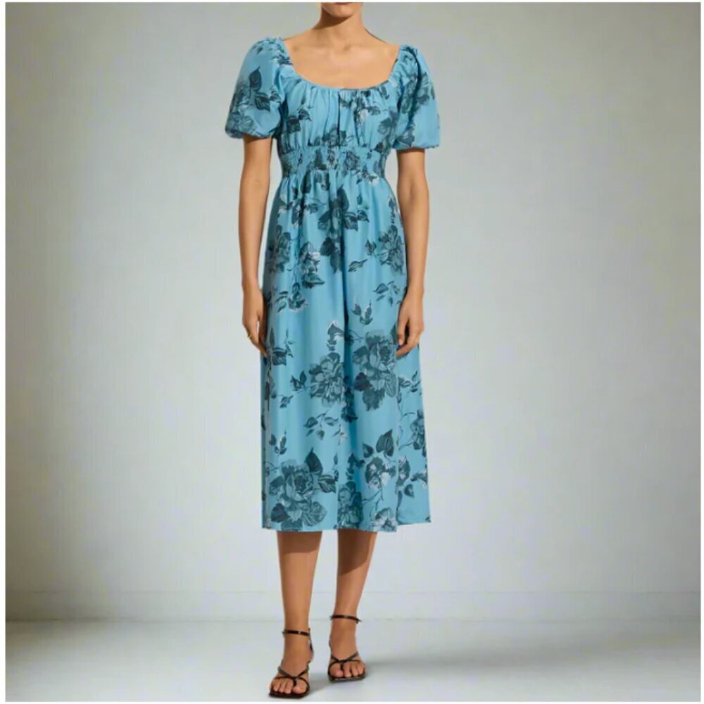 Faithfull The Brand Avera Floral Midi Dress Small Blue Cotton Short Puff Sleeve